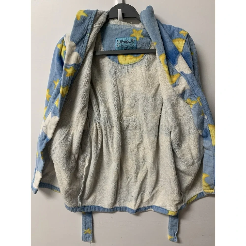 Bullfrogs & Butterflys Moon & Stars Robe Blue Large Belt Pocket Hood Terry Cloth